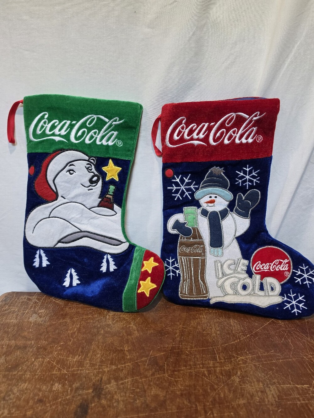Coca-Cola Light Up Christmas Stockings Polar Bear Snowman Set of 2 Vintage